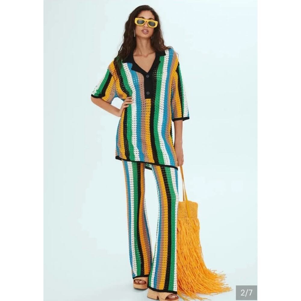 Simon Miller x Mango Set Small Open Work Crochet Blouse Pants Summer Resort Chic